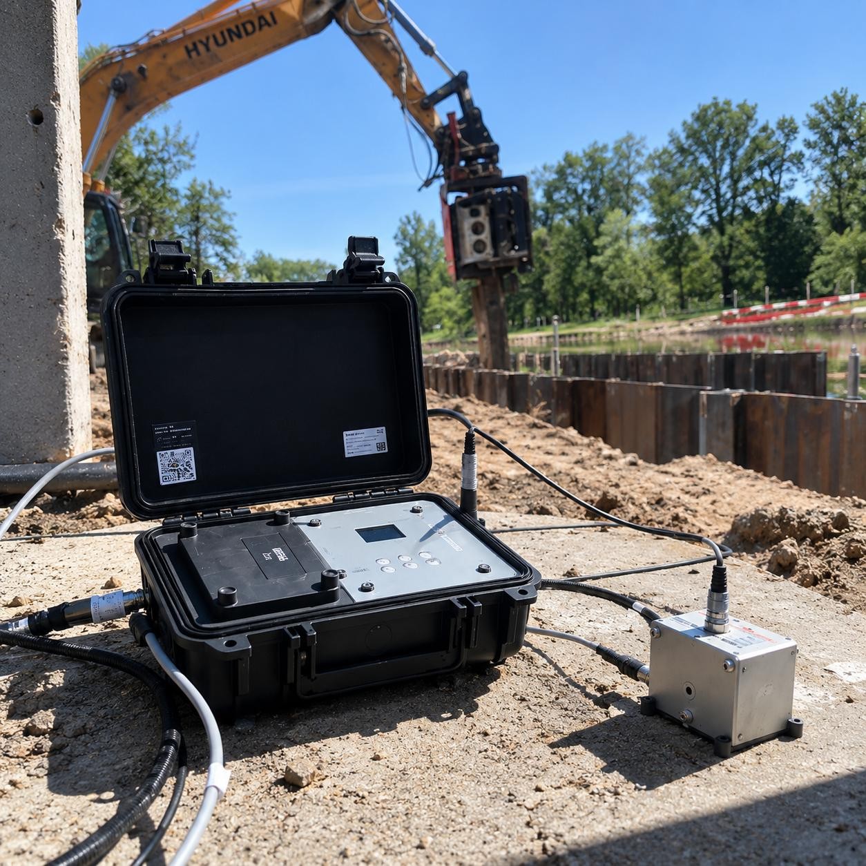 Erschütterungsmessung auf einer Baustelle mit Schwingungssensor und Messgerät